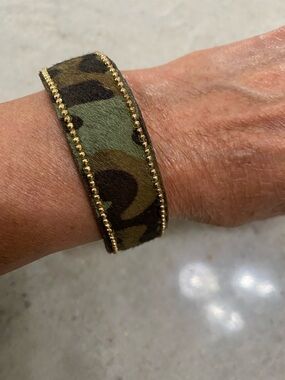 Calfskin Cuff Bracelet - Green Black Brown-Magnetic Clasp- Camouflage -Womens